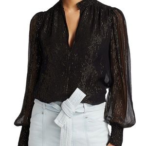 A.L.C. Silvie Sheer Sleeve Top Keyhole Button Mock Neck Black Blouse Gold